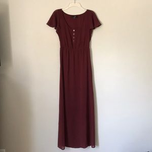 Burgundy maxi dress with ruffle sleeves. Size S.